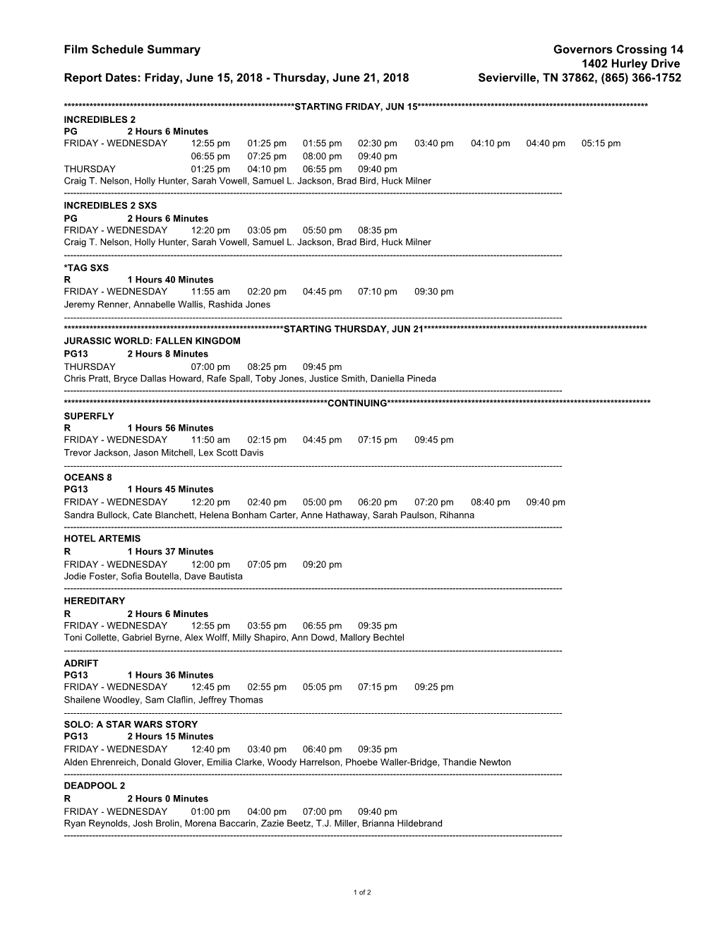 Film Schedule Summary Governors Crossing 14 1402 Hurley Drive Report Dates: Friday, June 15, 2018 - Thursday, June 21, 2018 Sevierville, TN 37862, (865) 366-1752