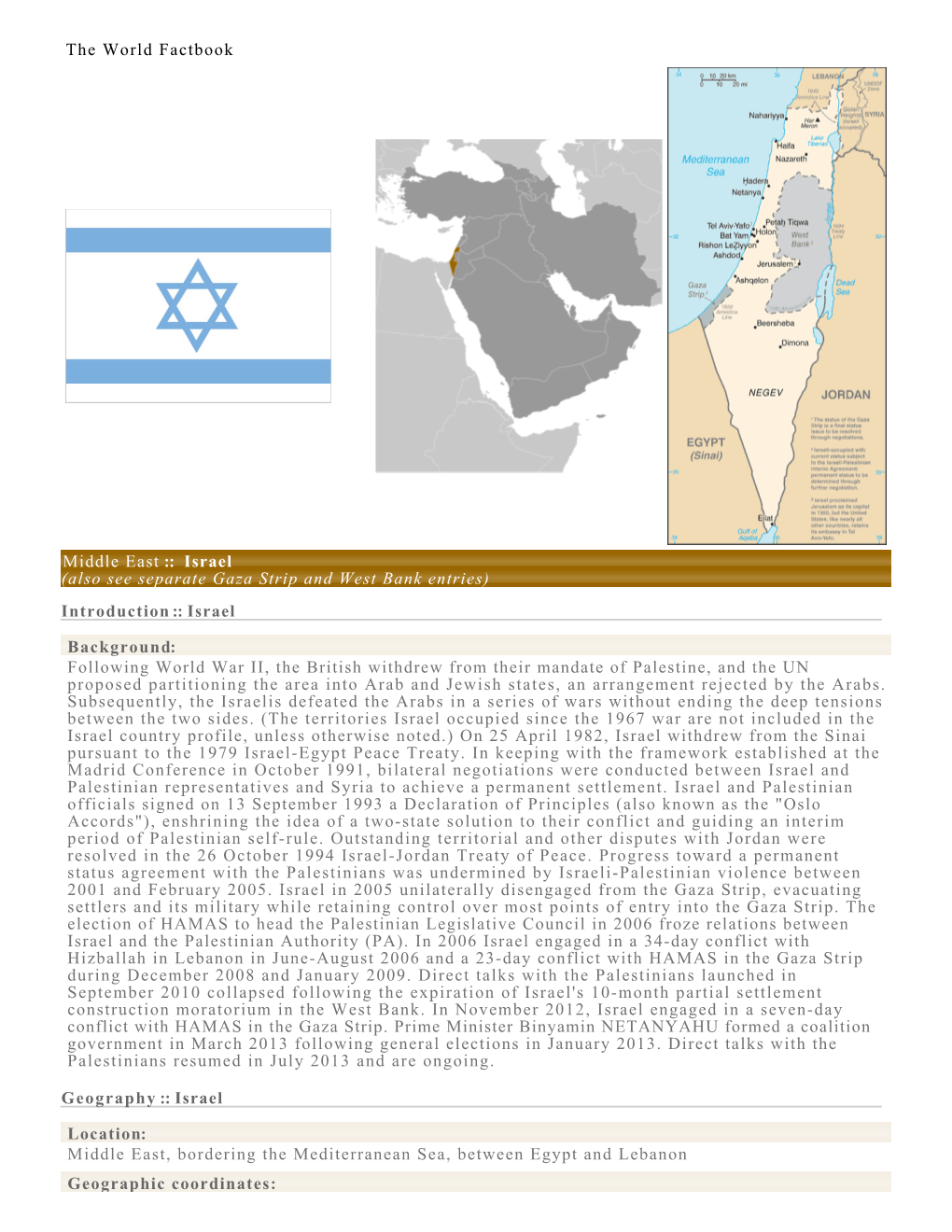 Israel (Also See Separate Gaza Strip and West Bank Entries) Introduction :: Israel