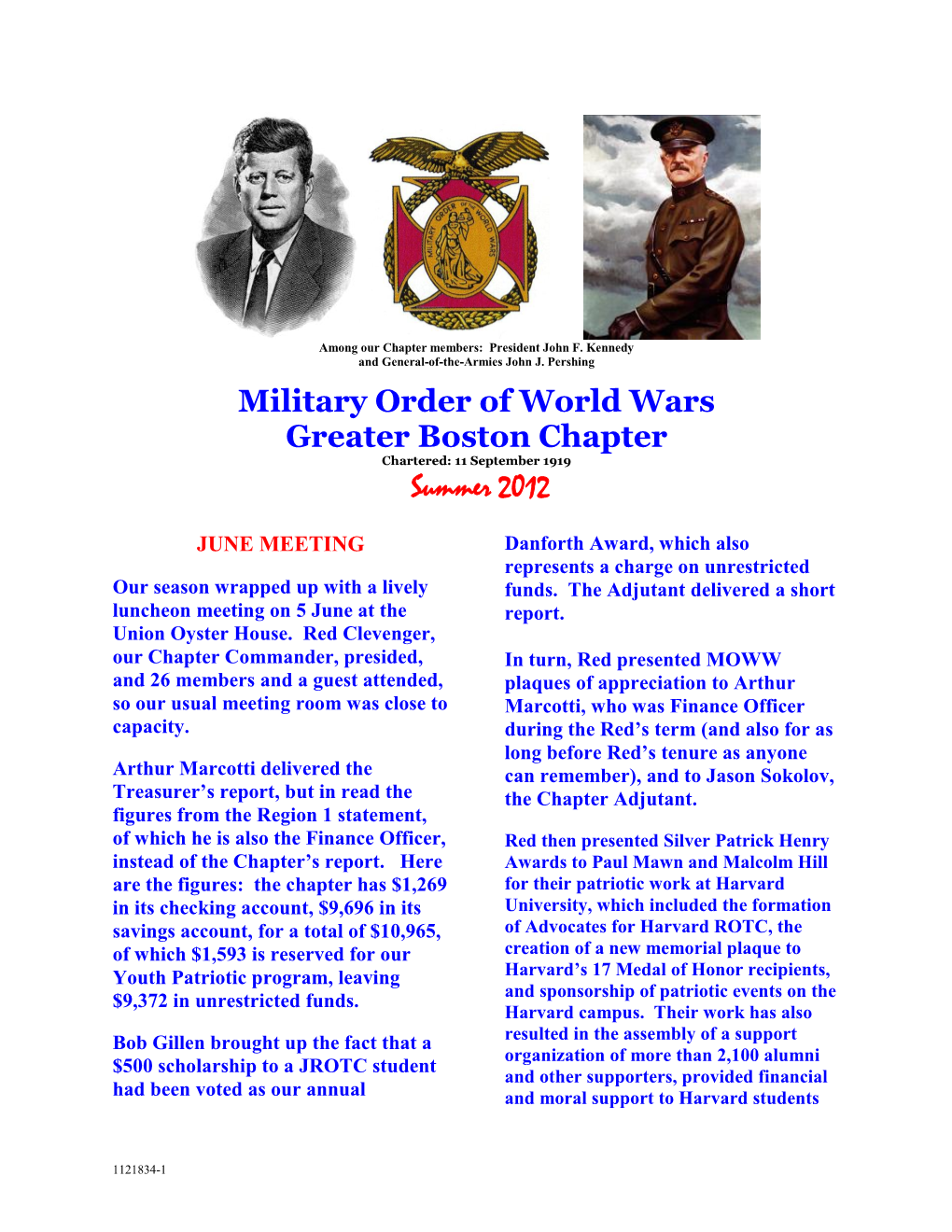 Military Order of World Wars Greater Boston Chapter Summer 2012