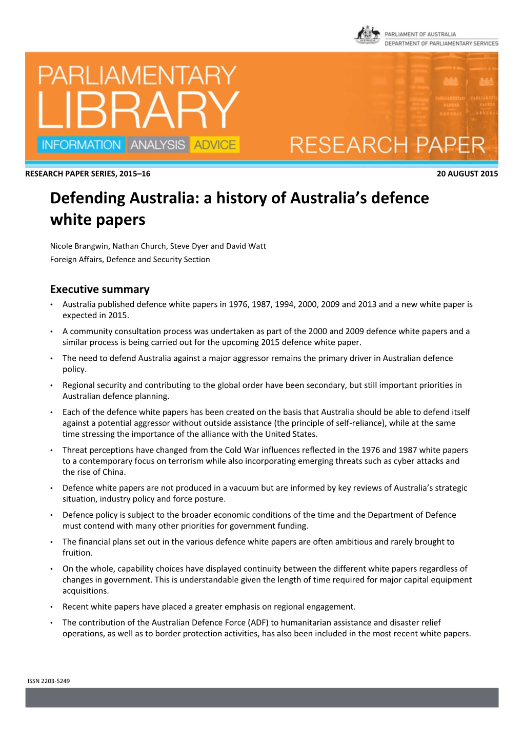 A History of Australia's Defence White Papers