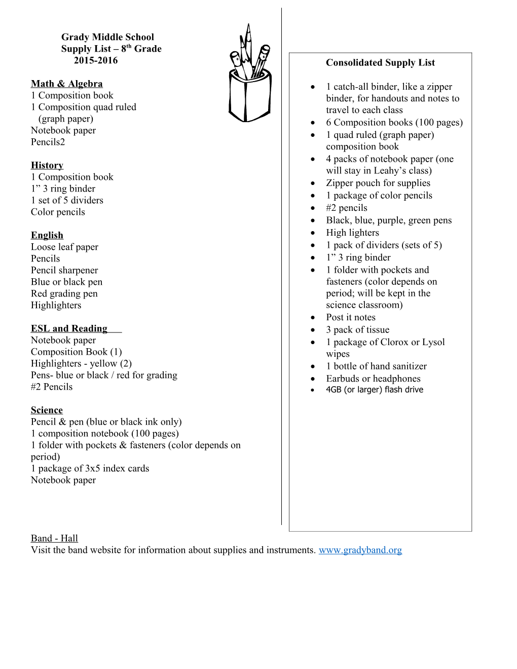 Supply List 8Th Grade