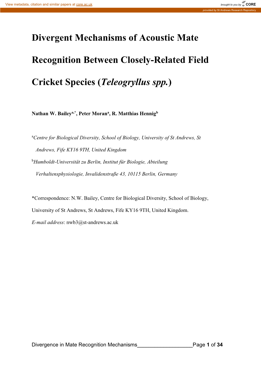 Divergent Mechanisms of Acoustic Mate Recognition Between Closely