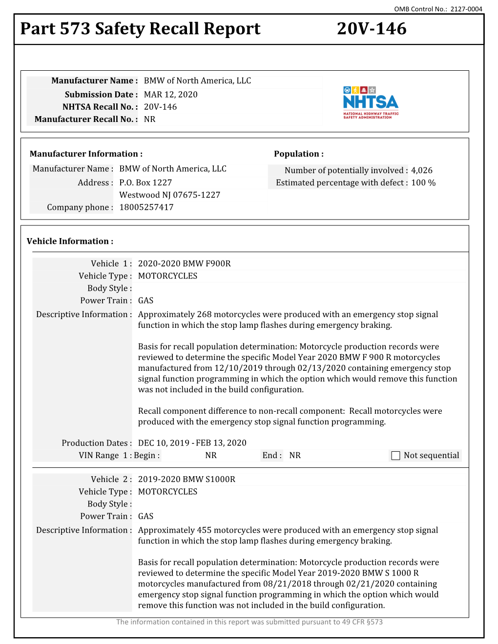 Part 573 Safety Recall Report 20V-146