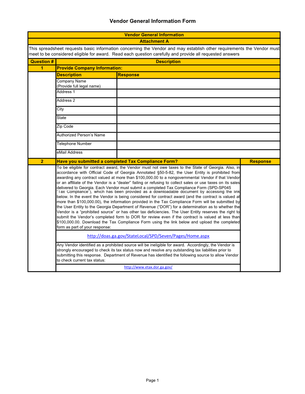 Vendor General Information Form