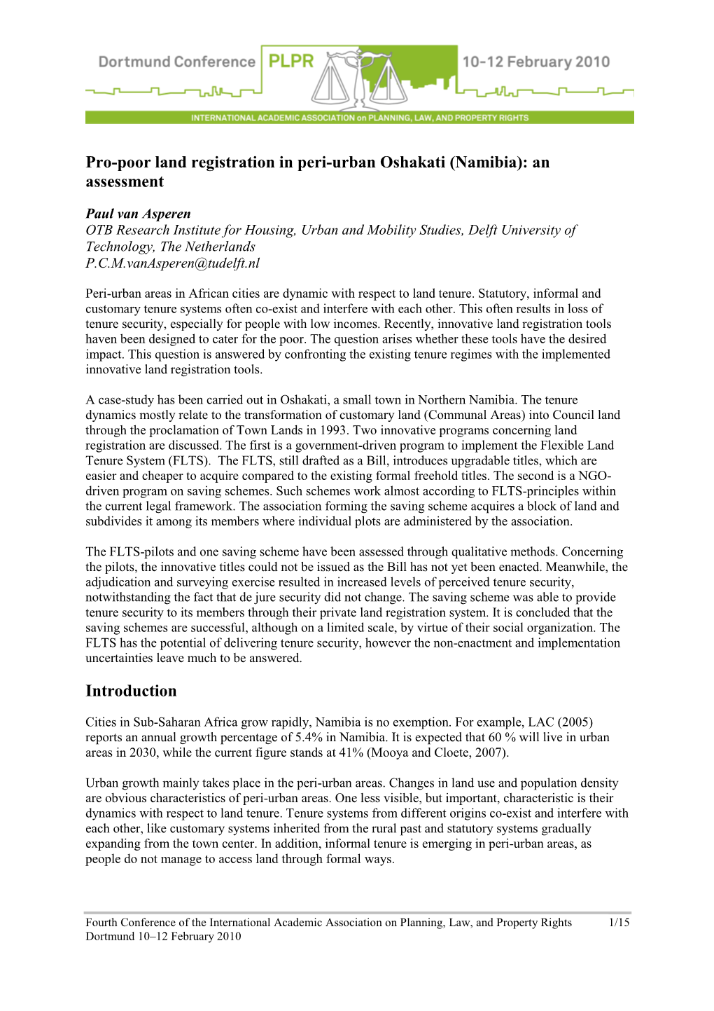 Pro-Poor Land Registration in Peri-Urban Oshakati (Namibia): an Assessment