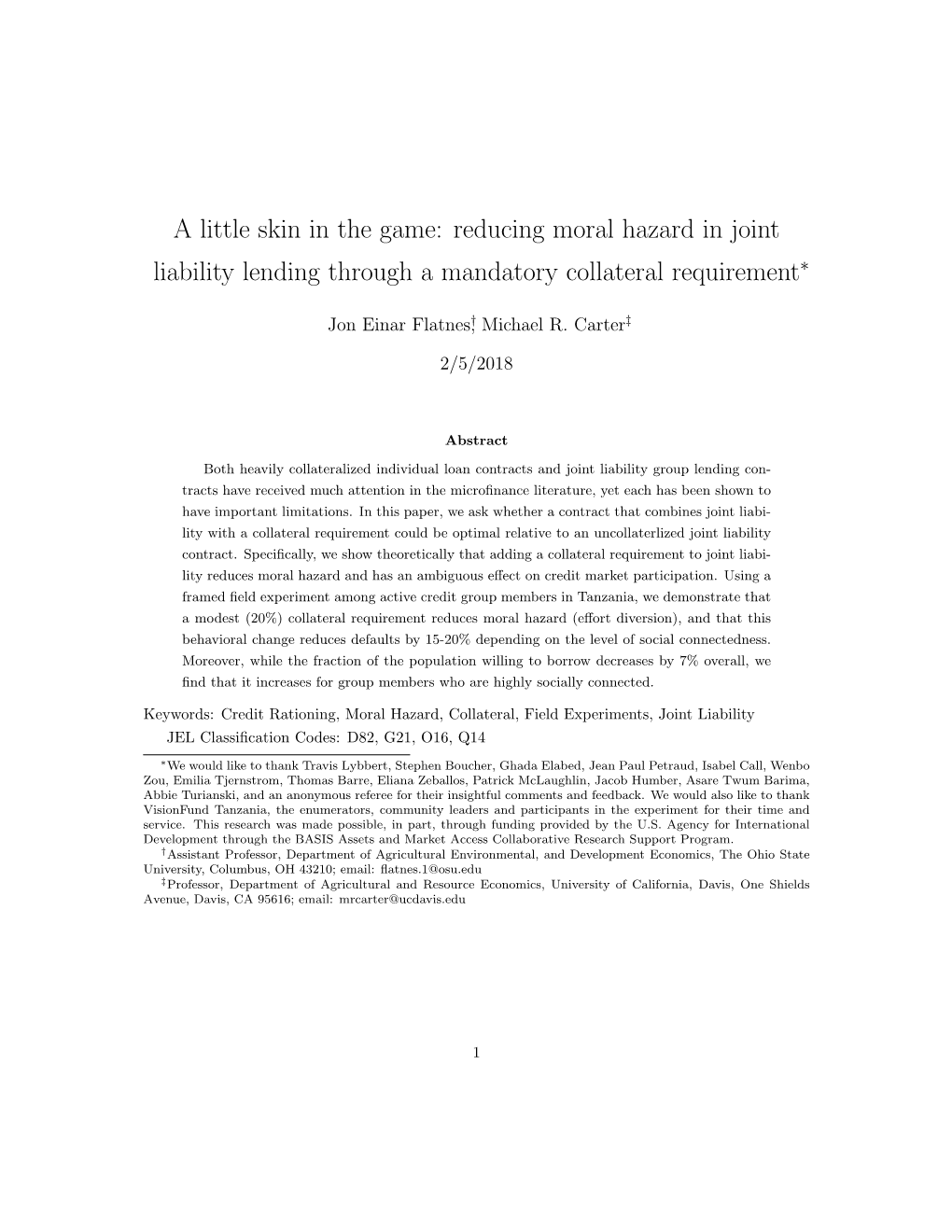 A Little Skin in the Game: Reducing Moral Hazard in Joint Liability Lending Through a Mandatory Collateral Requirement∗