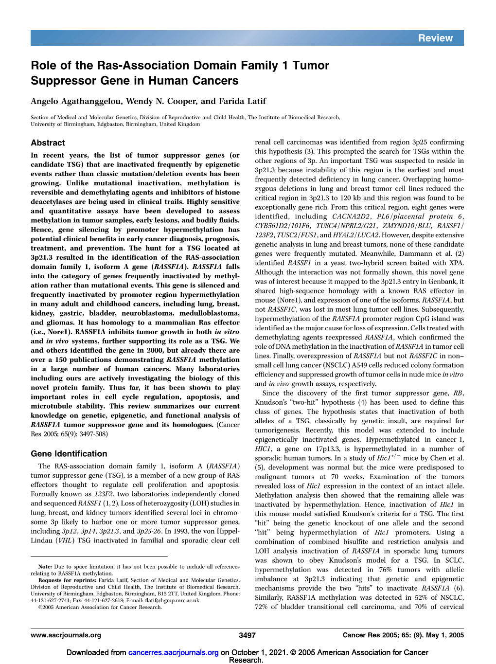 Role of the Ras-Association Domain Family 1 Tumor Suppressor Gene in Human Cancers