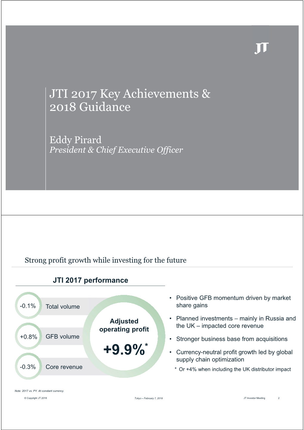 JTI 2017 Key Achievements & 2018 Guidance