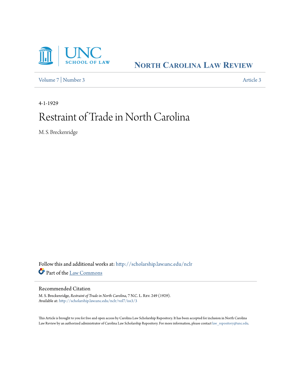 Restraint of Trade in North Carolina M