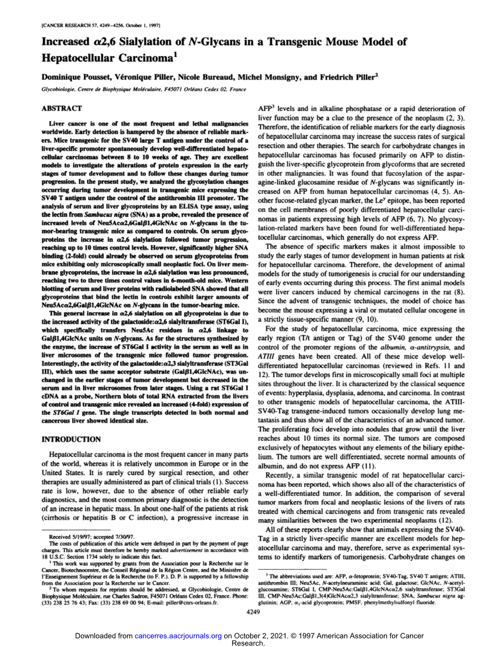 Increased A2,6 Sialylation of N-Glycans in a Transgenic Mouse Model of Hepatocellular Carcinoma'