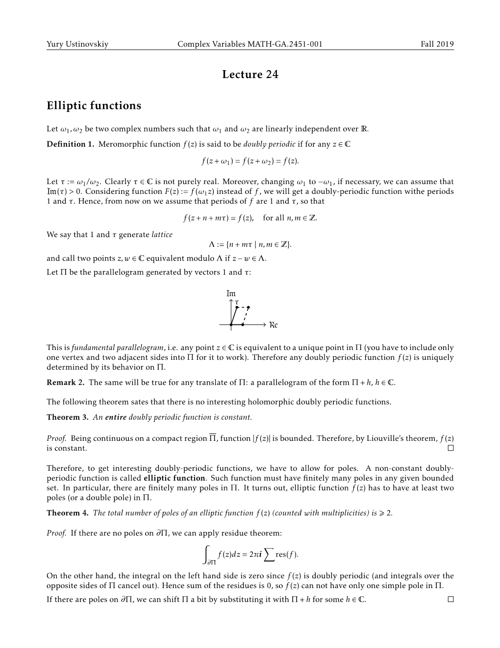 Lecture 24 Elliptic Functions