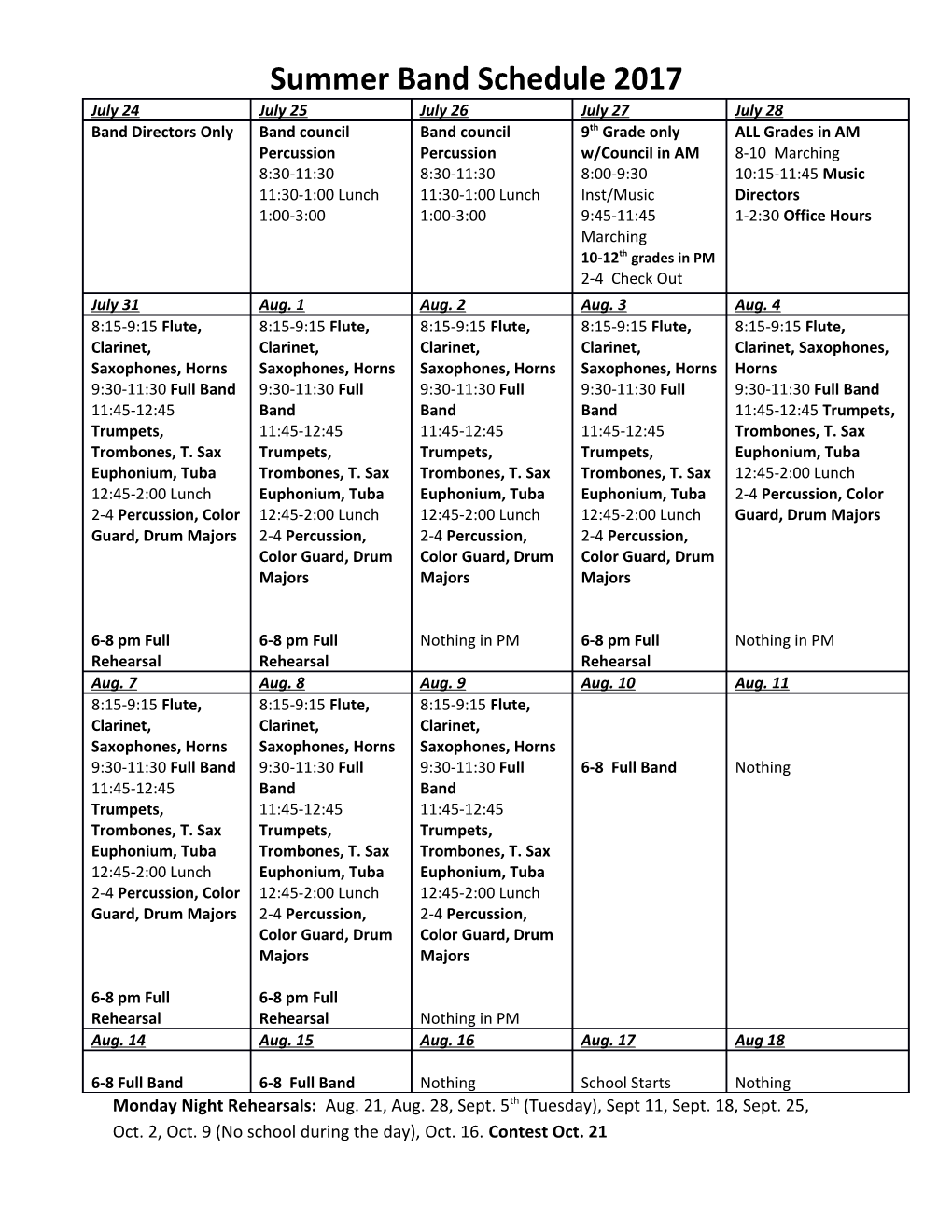 Summer Band Schedule 2017