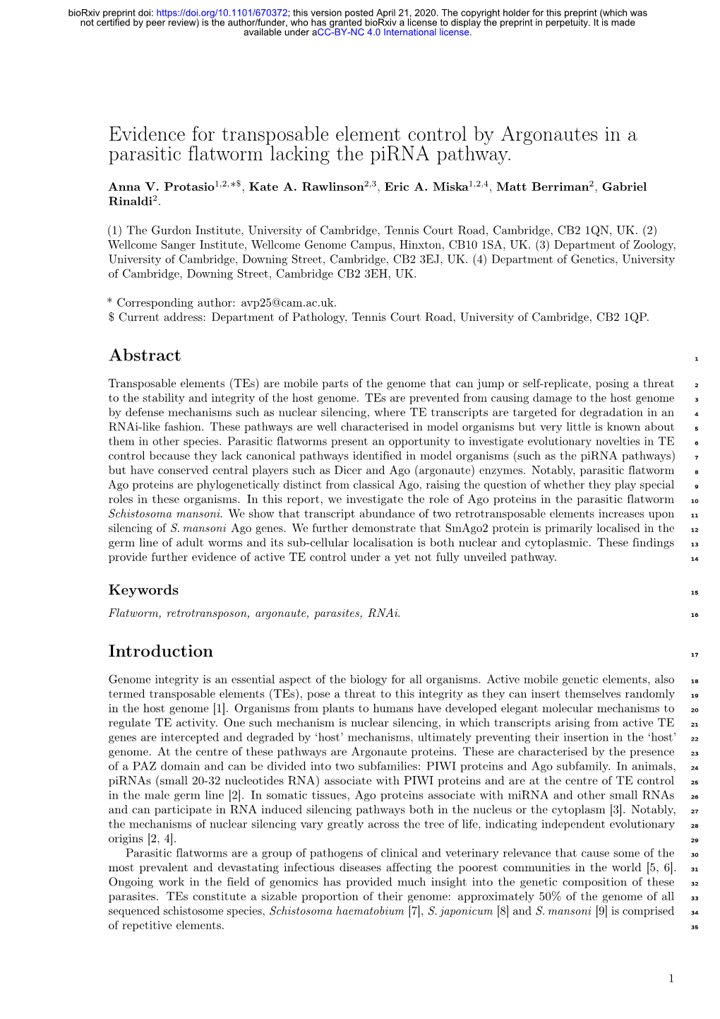 Evidence for Transposable Element Control by Argonautes in a Parasitic Flatworm Lacking the Pirna Pathway