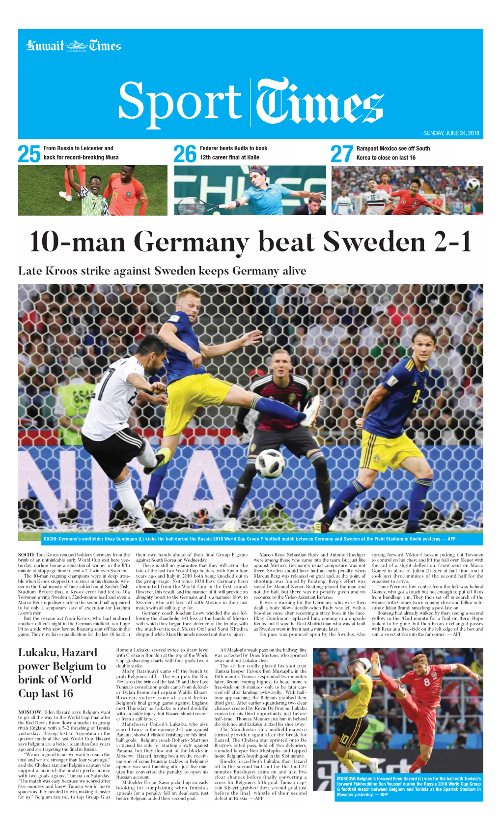 10-Man Germany Beat Sweden 2-1 Late Kroos Strike Against Sweden Keeps Germany Alive