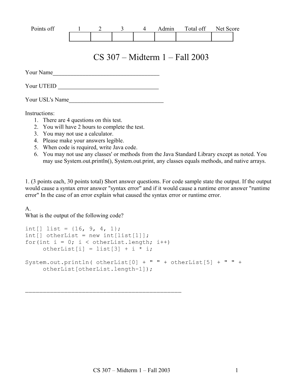 CS 307 Midterm 1 Fall 2001