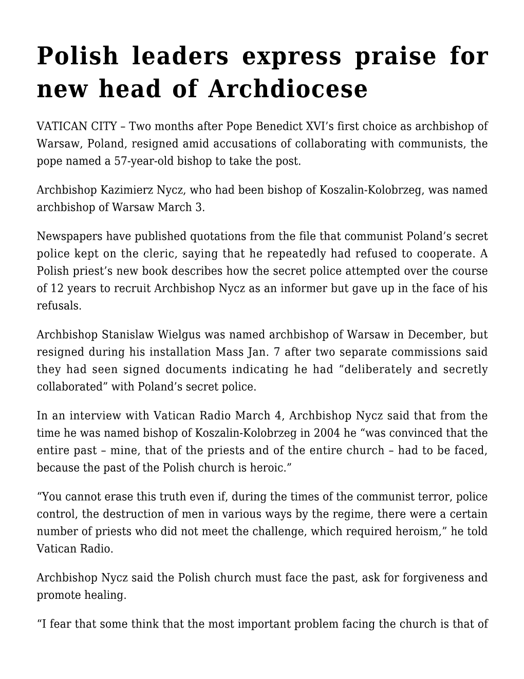 Polish Leaders Express Praise for New Head of Archdiocese