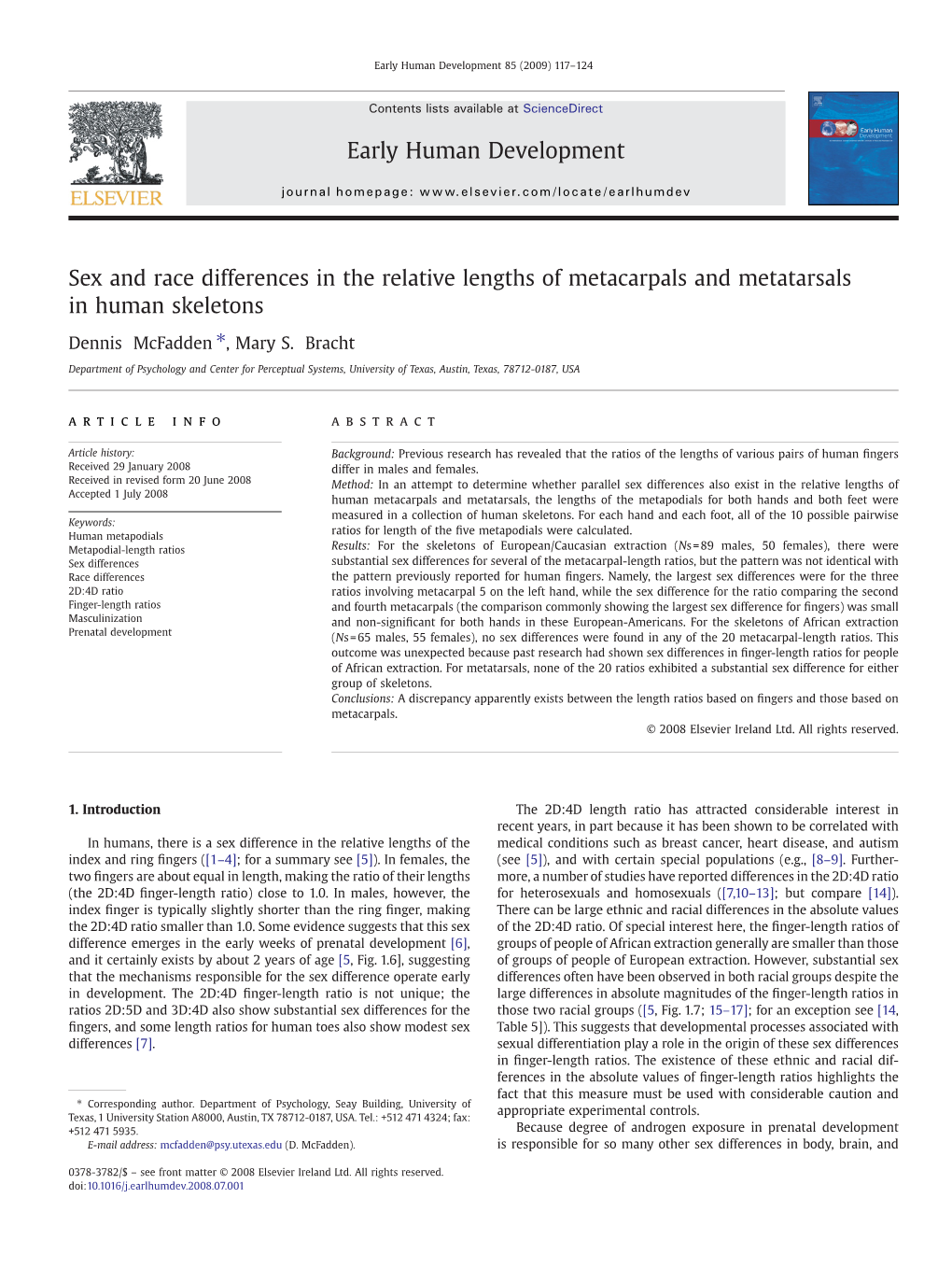 Sex and Race Differences in the Relative Lengths of Metacarpals and Metatarsals in Human Skeletons