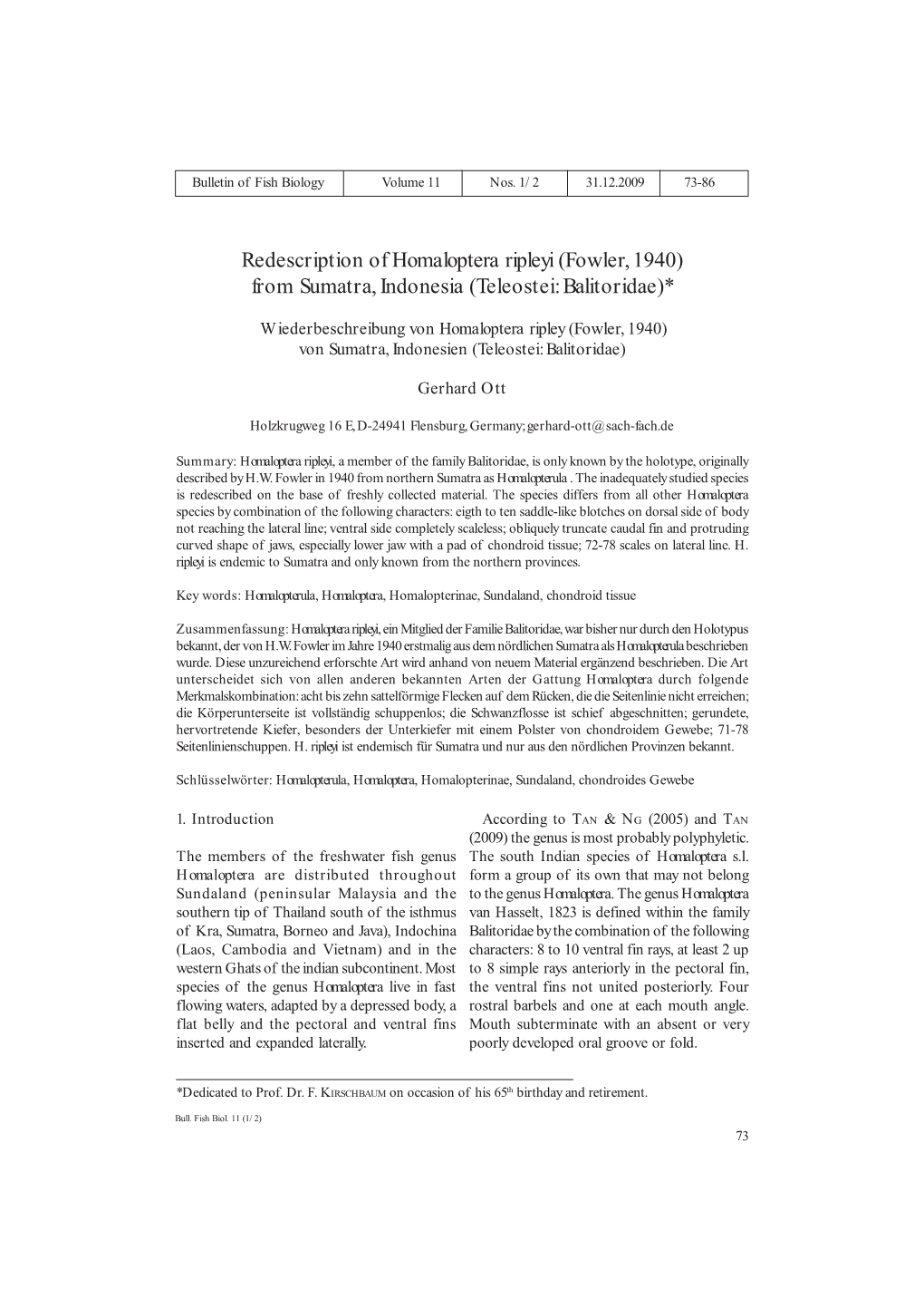 Redescription of Homaloptera Ripleyi (Fowler, 1940) from Sumatra, Indonesia (Teleostei: Balitoridae)*