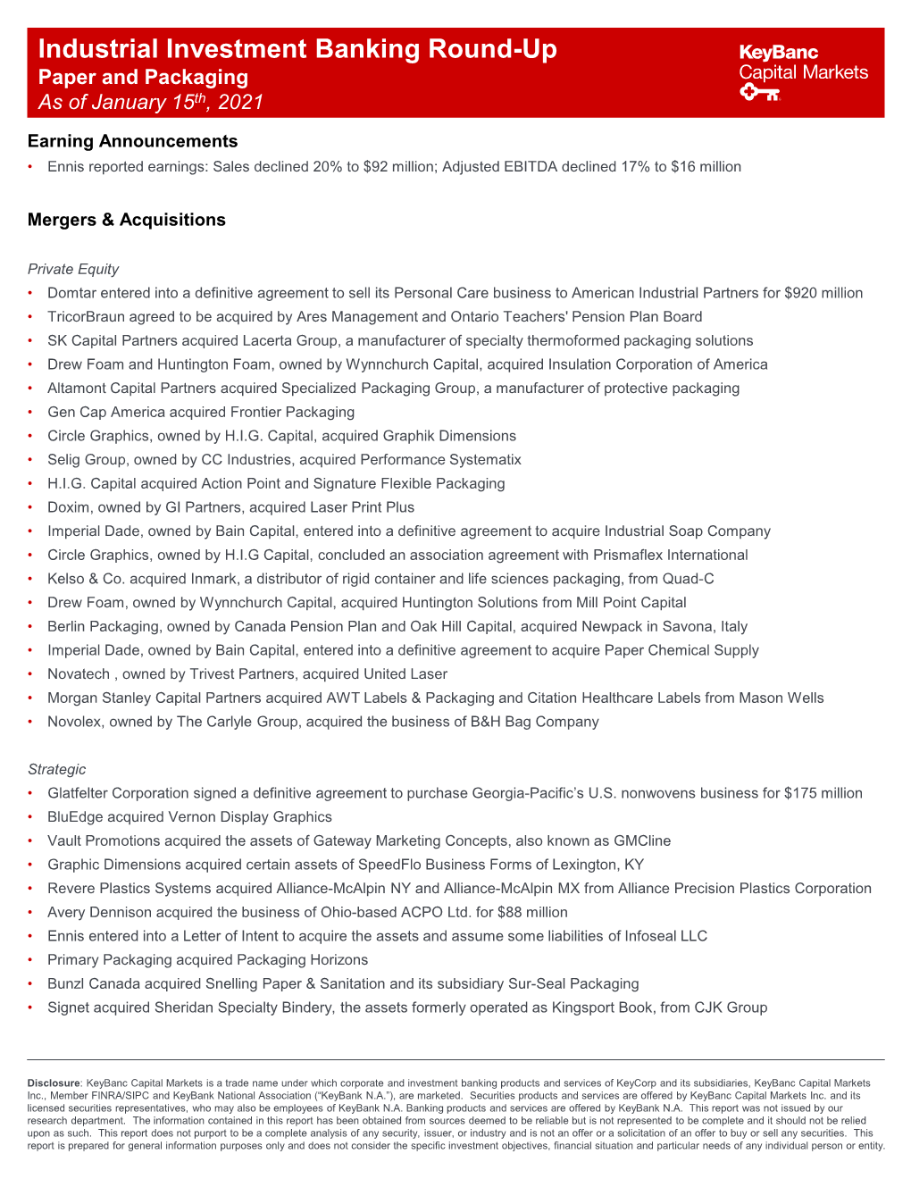 Industrial Investment Banking Round-Up Paper and Packaging As of January 15Th, 2021