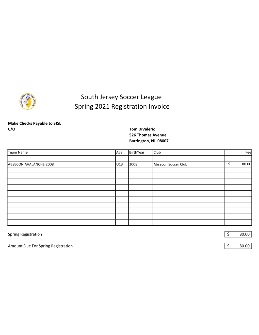 South Jersey Soccer League Spring 2021 Registration Invoice