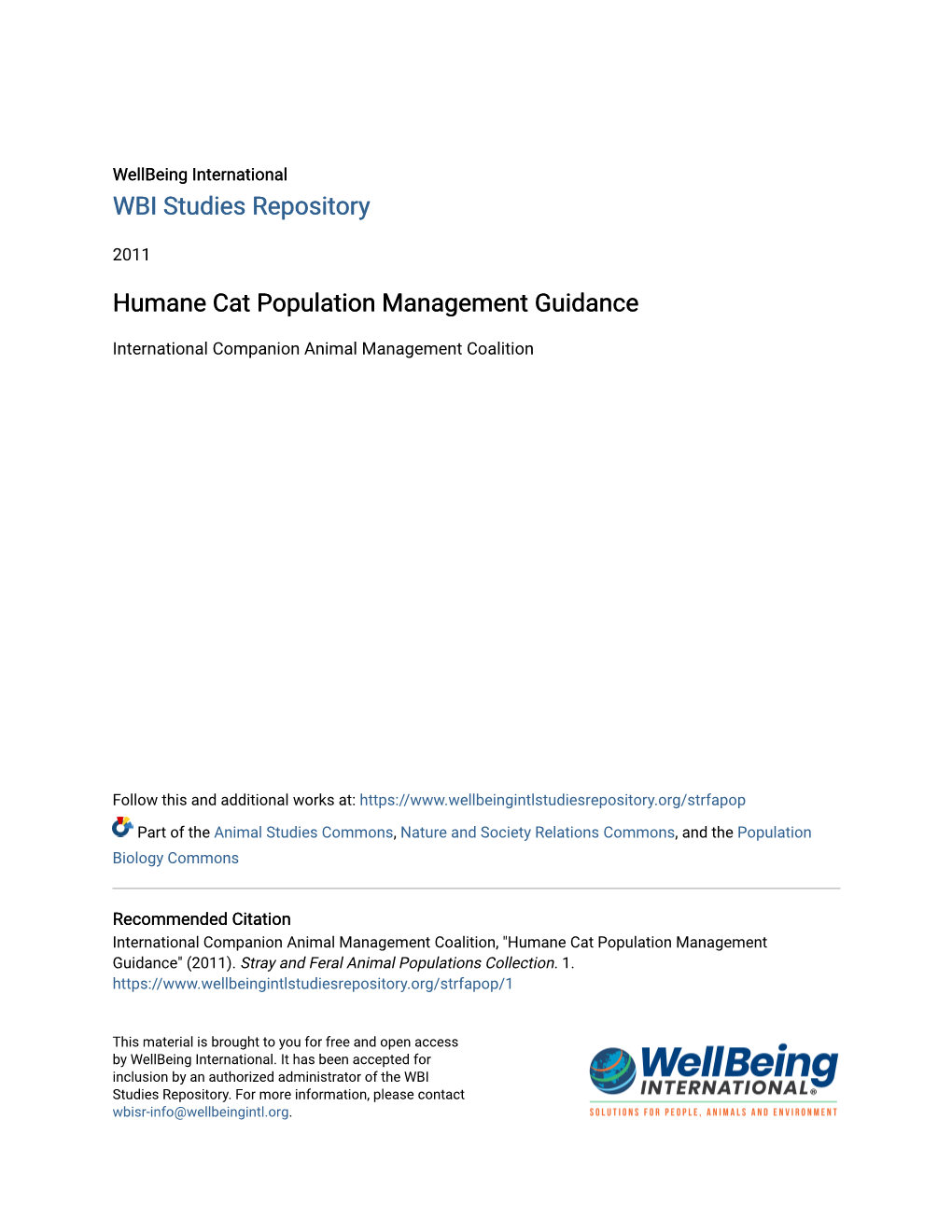 Humane Cat Population Management Guidance