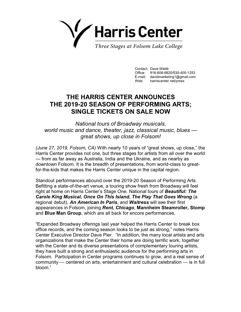 The Harris Center Announces the 2019-20 Season of Performing Arts; Single Tickets on Sale Now