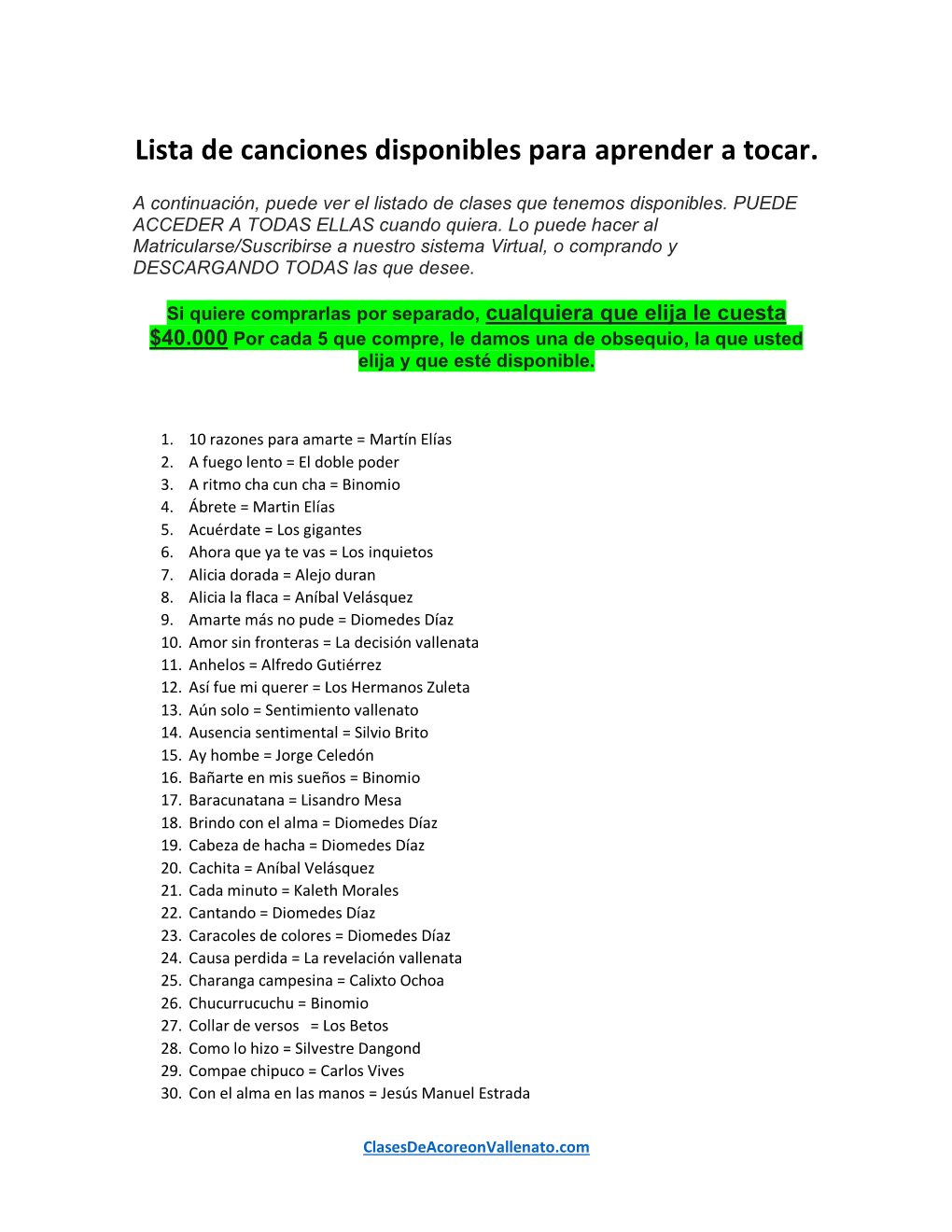 Lista De Canciones Disponibles Para Aprender a Tocar