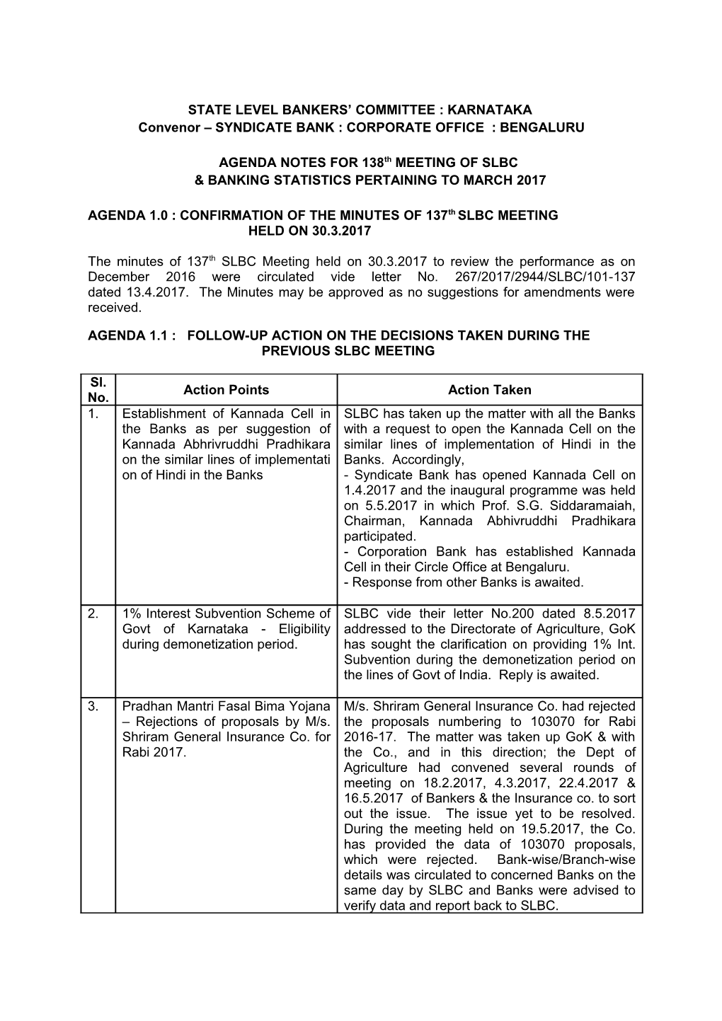 AGENDA NOTES for 113Th MEETING of SLBC s1