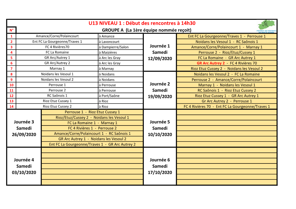 U13 NIVEAU 1 : Début Des Rencontres À 14H30