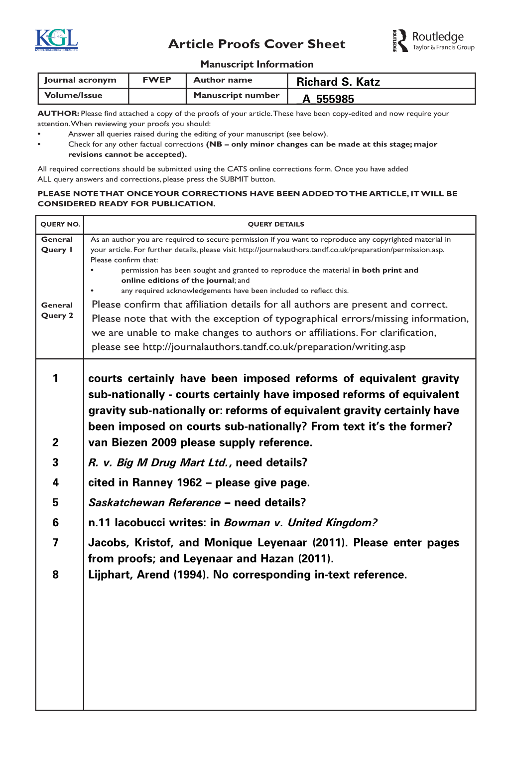 Article Proofs Cover Sheet Manuscript Information Journal Acronym FWEP Author Name Richard S