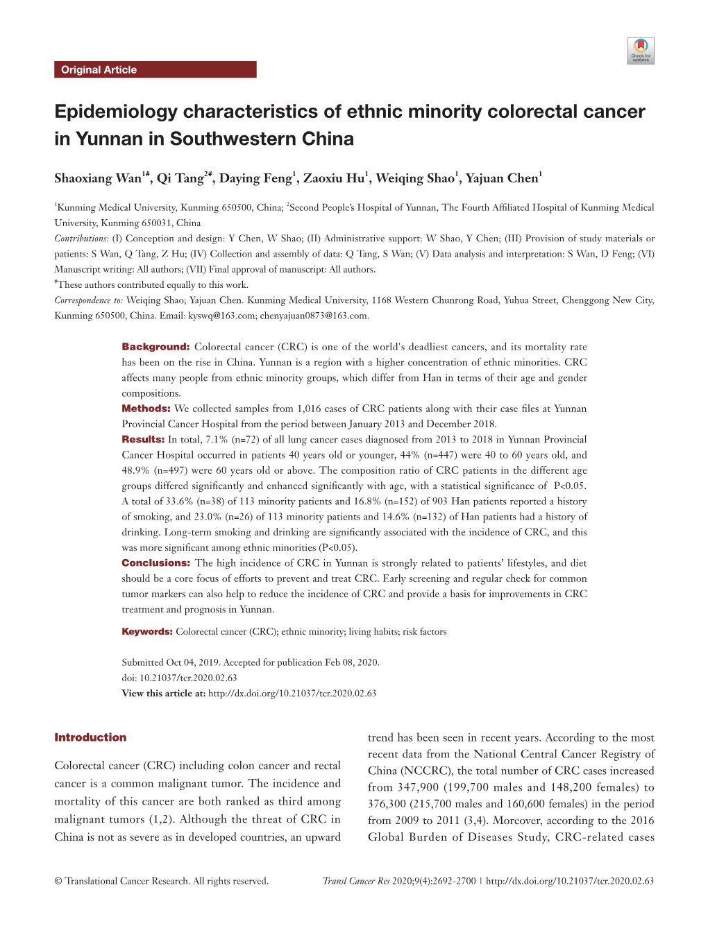 Epidemiology Characteristics of Ethnic Minority Colorectal Cancer in Yunnan in Southwestern China