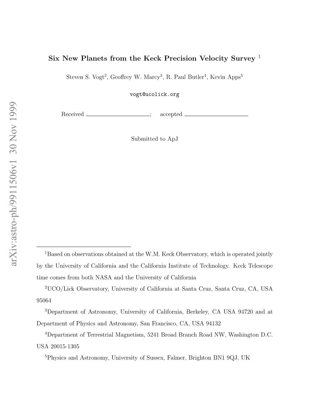 Six New Planets from the Keck Precision Velocity Survey