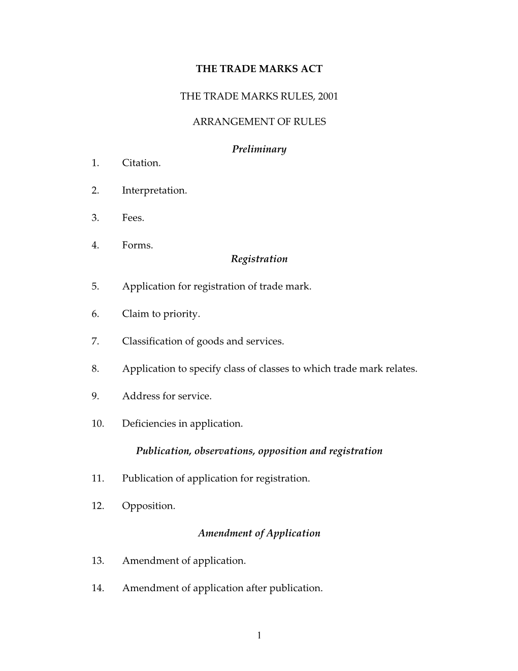 1 the TRADE MARKS ACT the TRADE MARKS RULES, 2001 ARRANGEMENT of RULES Preliminary 1. Citation. 2. Interpretation. 3. Fees. 4. F