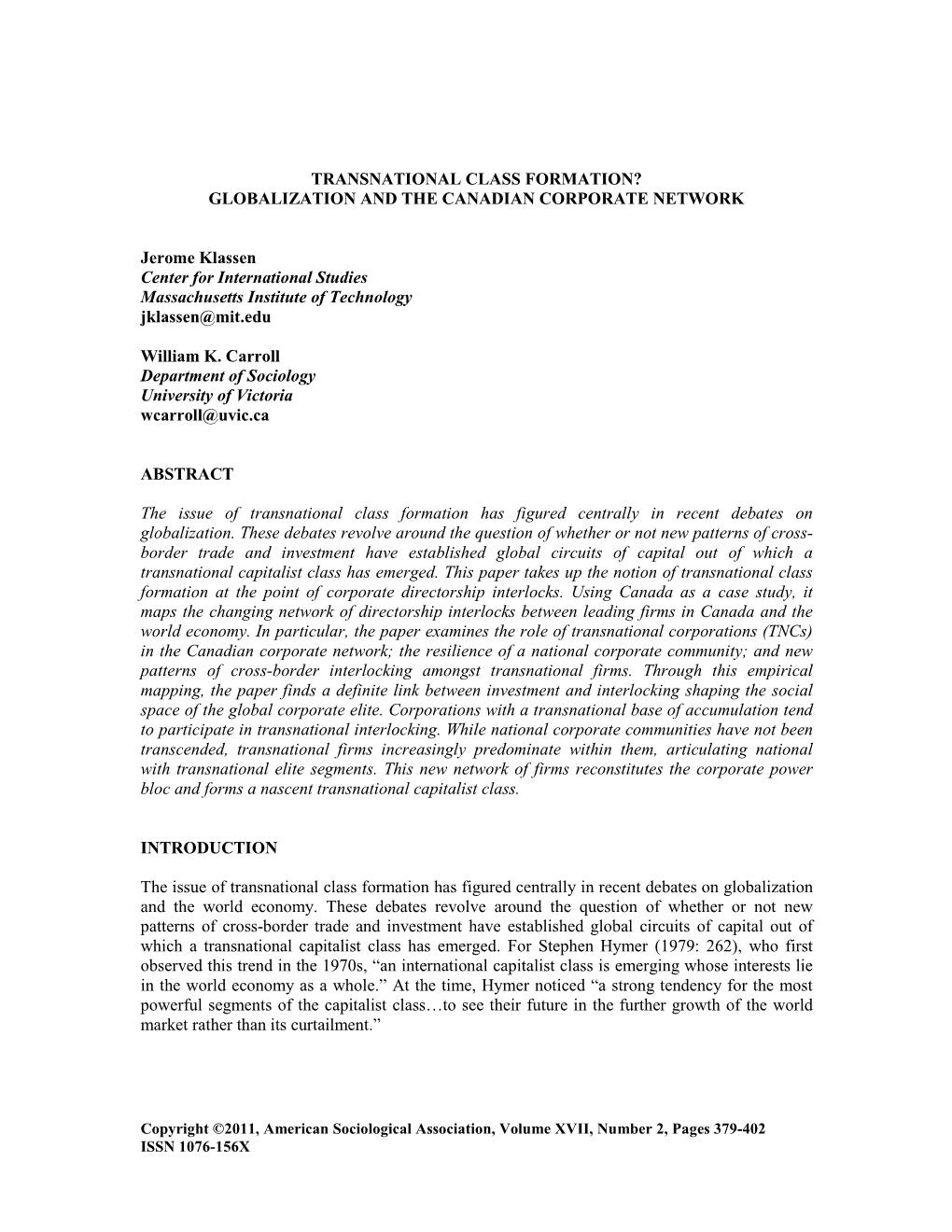 Transnational Class Formation? Globalization and the Canadian Corporate Network