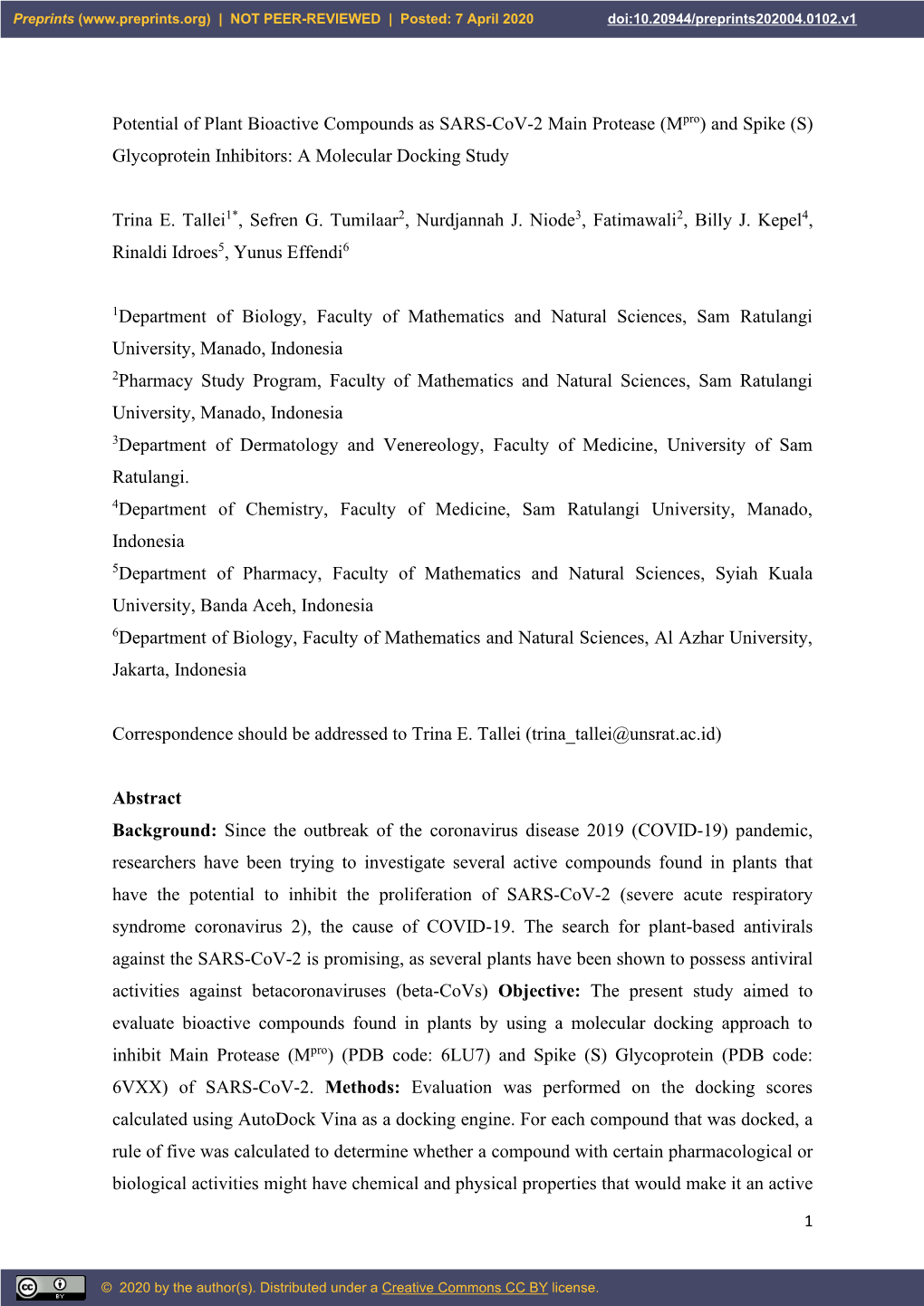 Potential of Plant Bioactive Compounds As SARS-Cov-2 Main Protease (Mpro) and Spike (S) Glycoprotein Inhibitors: a Molecular Docking Study