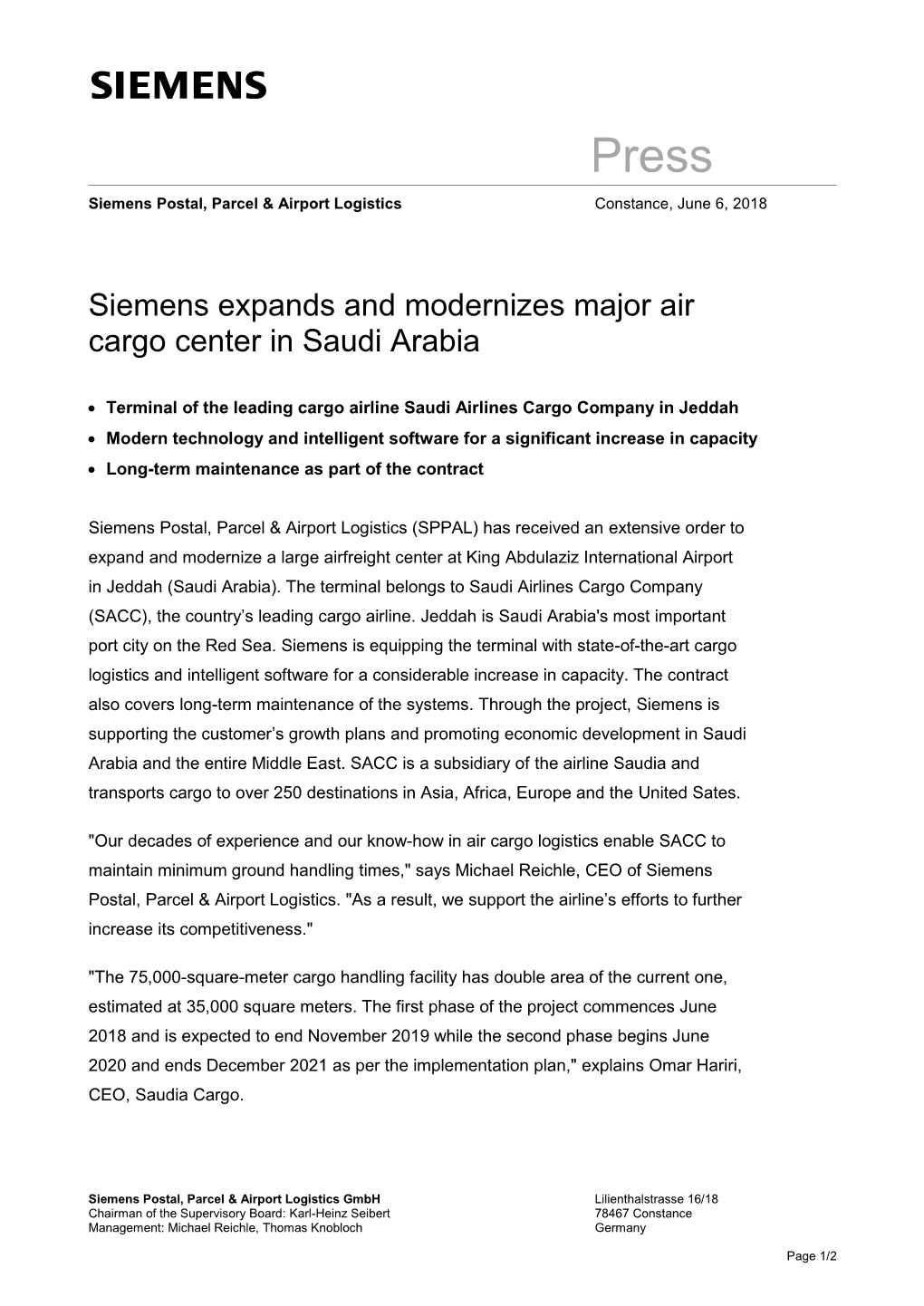 Siemens Expands and Modernizes Major Air Cargo Center in Saudi Arabia