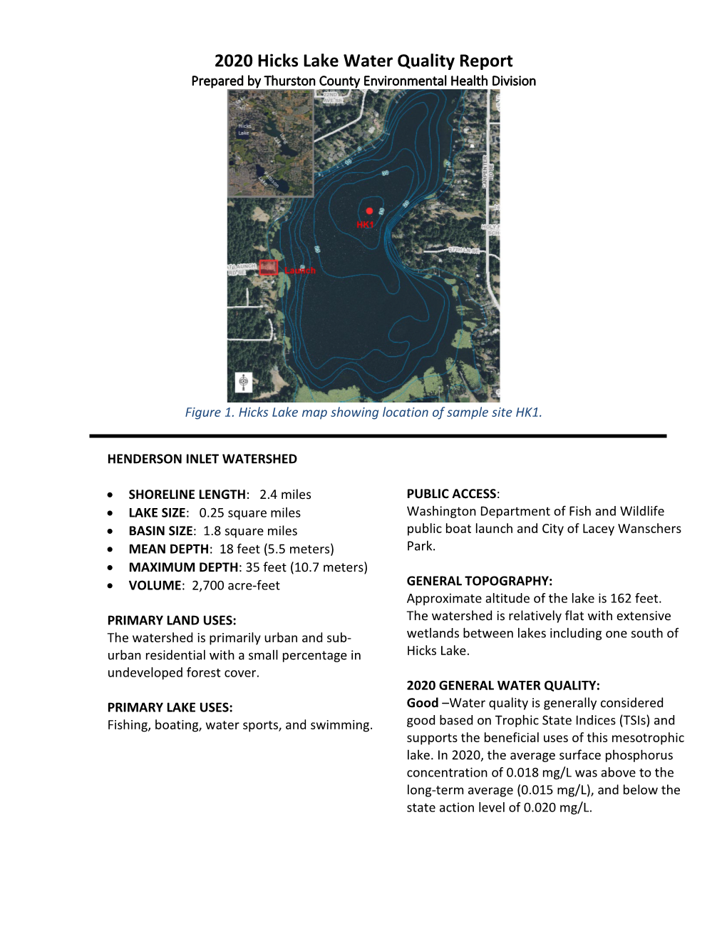 2020 Hicks Lake Water Quality Report Prepared by Thurston County Environmental Health Division