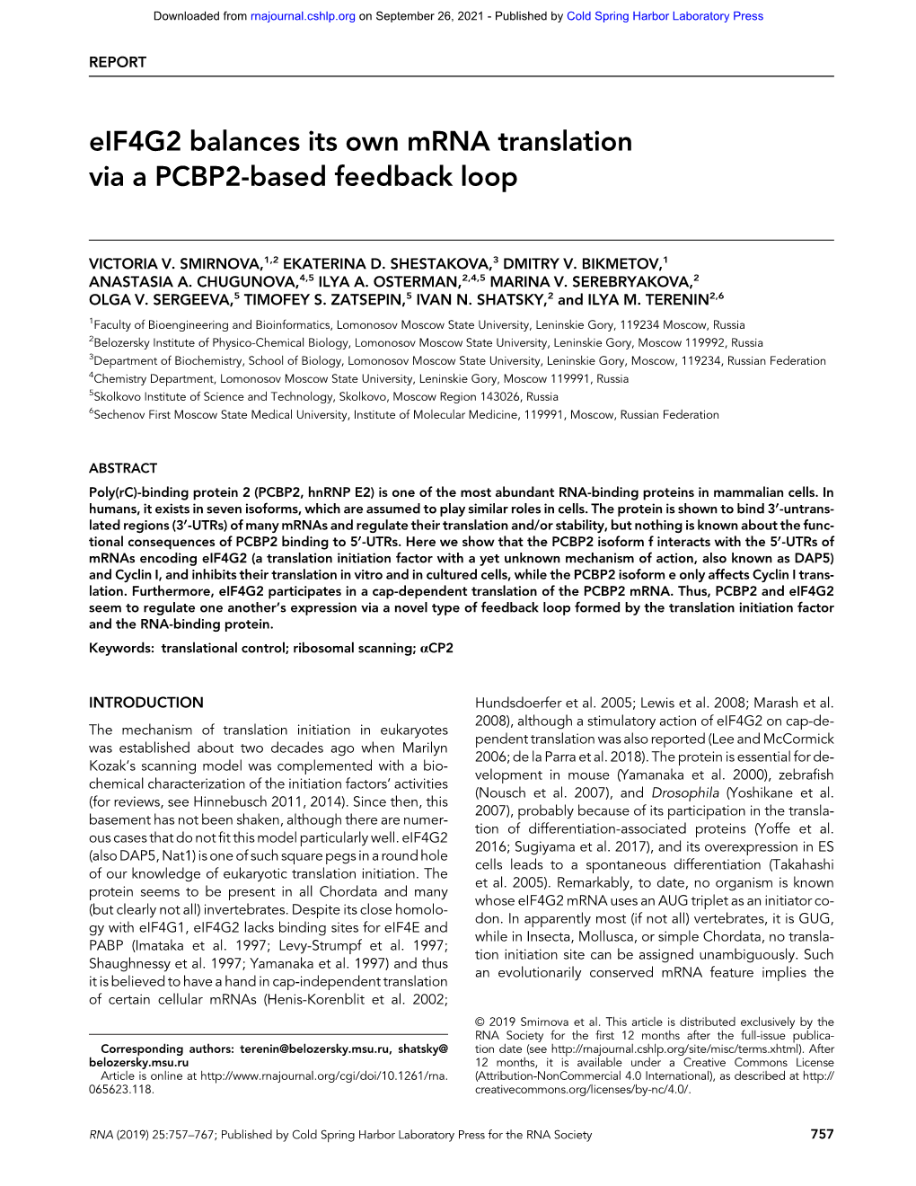 Eif4g2 Balances Its Own Mrna Translation Via a PCBP2-Based Feedback Loop