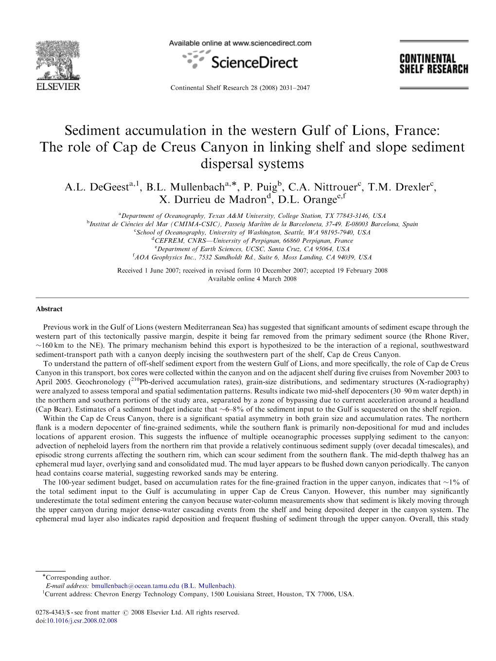 Sediment Accumulation in the Western Gulf of Lions, France: the Role of Cap De Creus Canyon in Linking Shelf and Slope Sediment Dispersal Systems