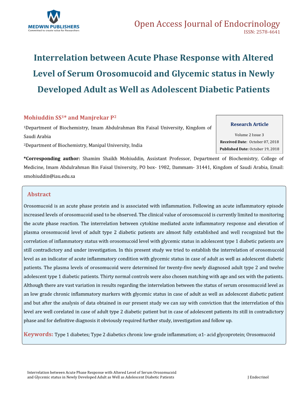 Mohiuddin SS and Manjrekar P. Interrelation Between Acute Phase Response with Copyright© Mohiuddin SS and Manjrekar P