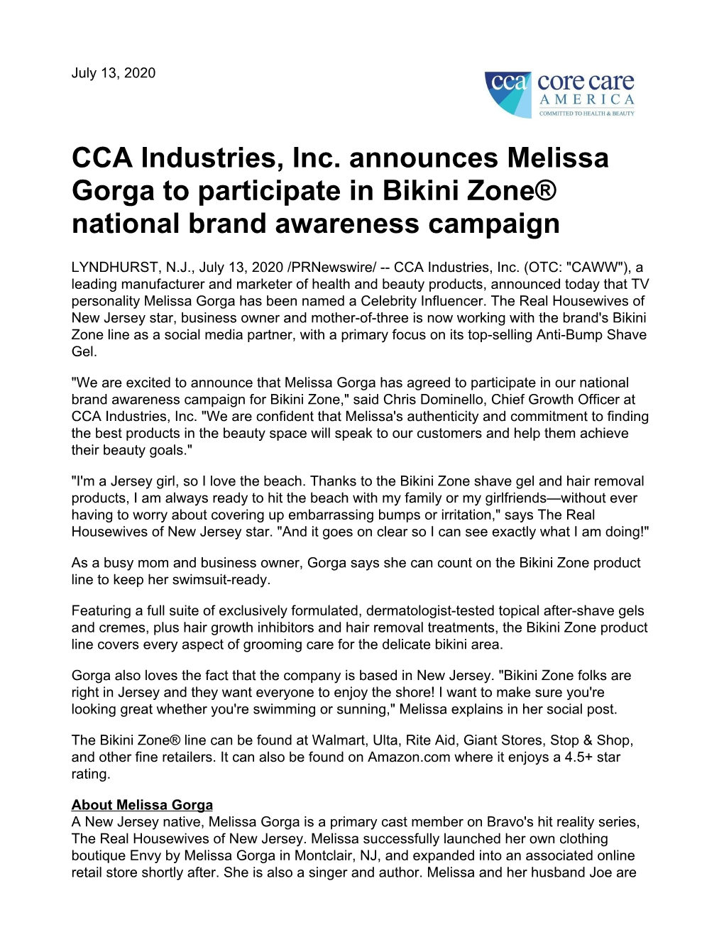 CCA Industries, Inc. Announces Melissa Gorga to Participate in Bikini Zone® National Brand Awareness Campaign