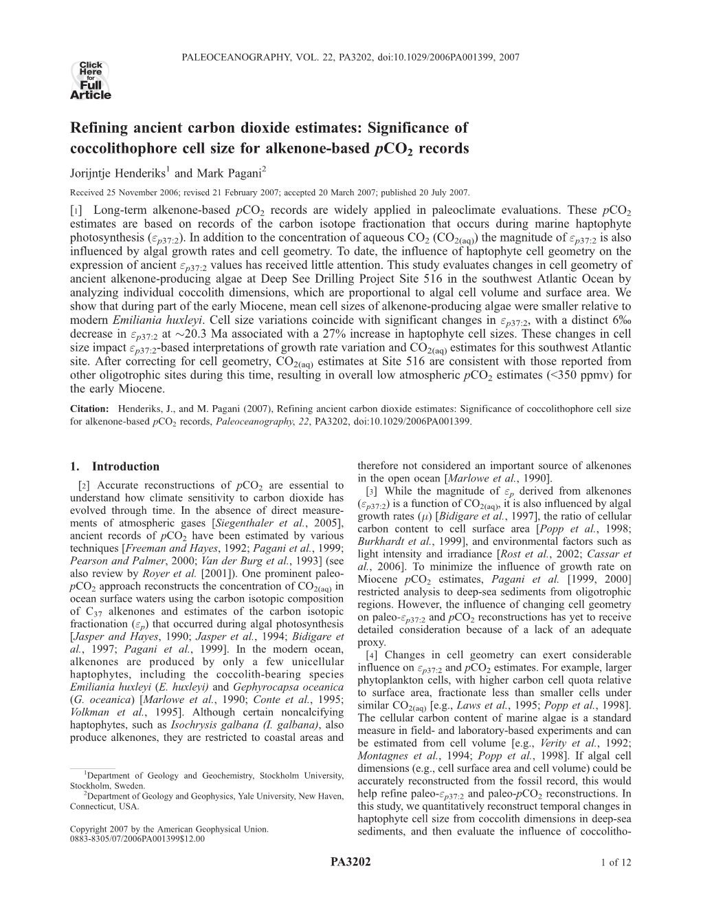 Significance of Coccolithophore Cell Size for Alkenone-Based Pco2