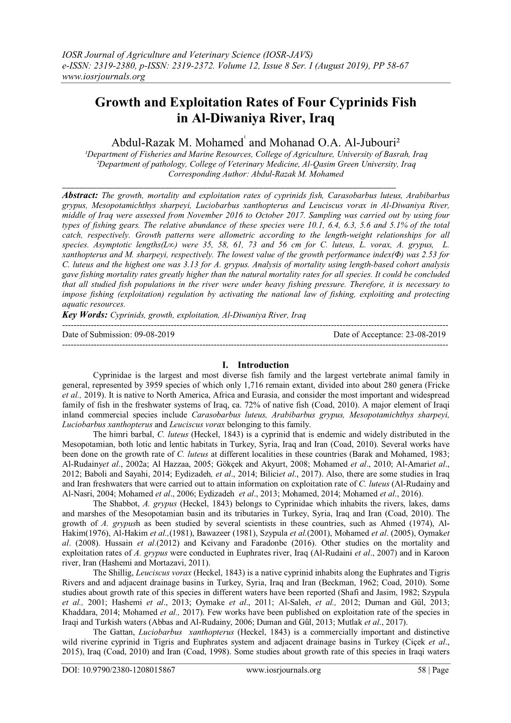 Growth and Exploitation Rates of Four Cyprinids Fish in Al-Diwaniya River, Iraq