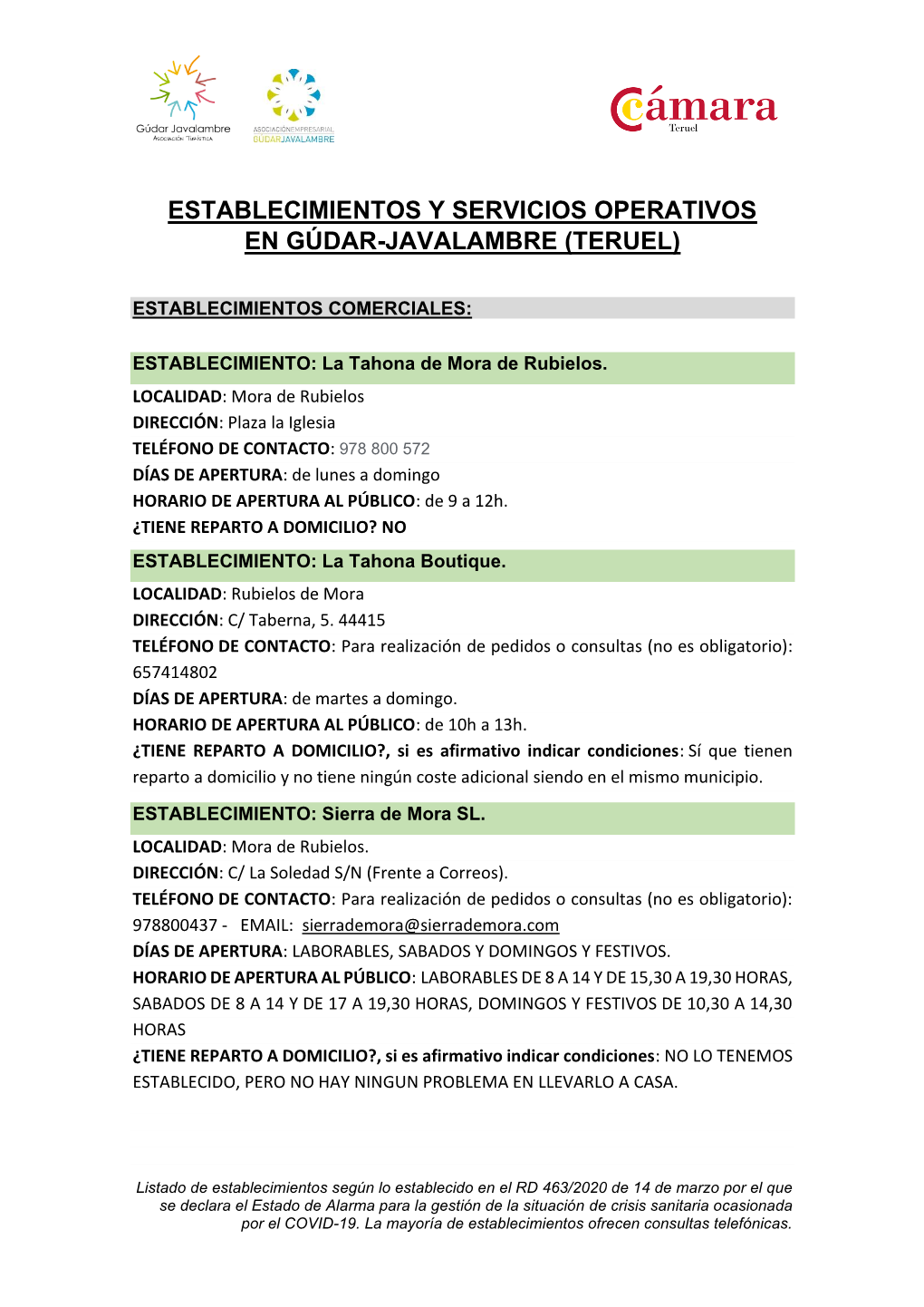 Establecimientos Y Servicios Operativos En Gúdar-Javalambre (Teruel)