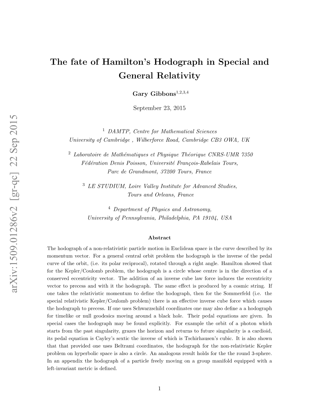 The Fate of Hamilton's Hodograph in Special and General Relativity