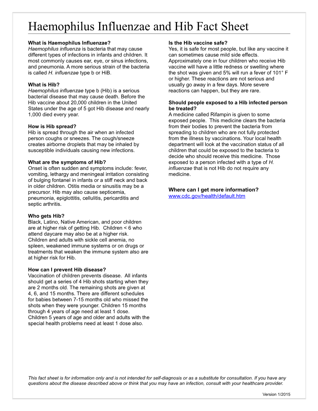 Haemophilus Influenzae and Hib Fact Sheet