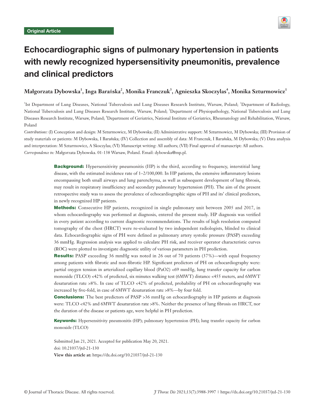 Echocardiographic Signs of Pulmonary Hypertension in Patients with Newly Recognized Hypersensitivity Pneumonitis, Prevalence and Clinical Predictors