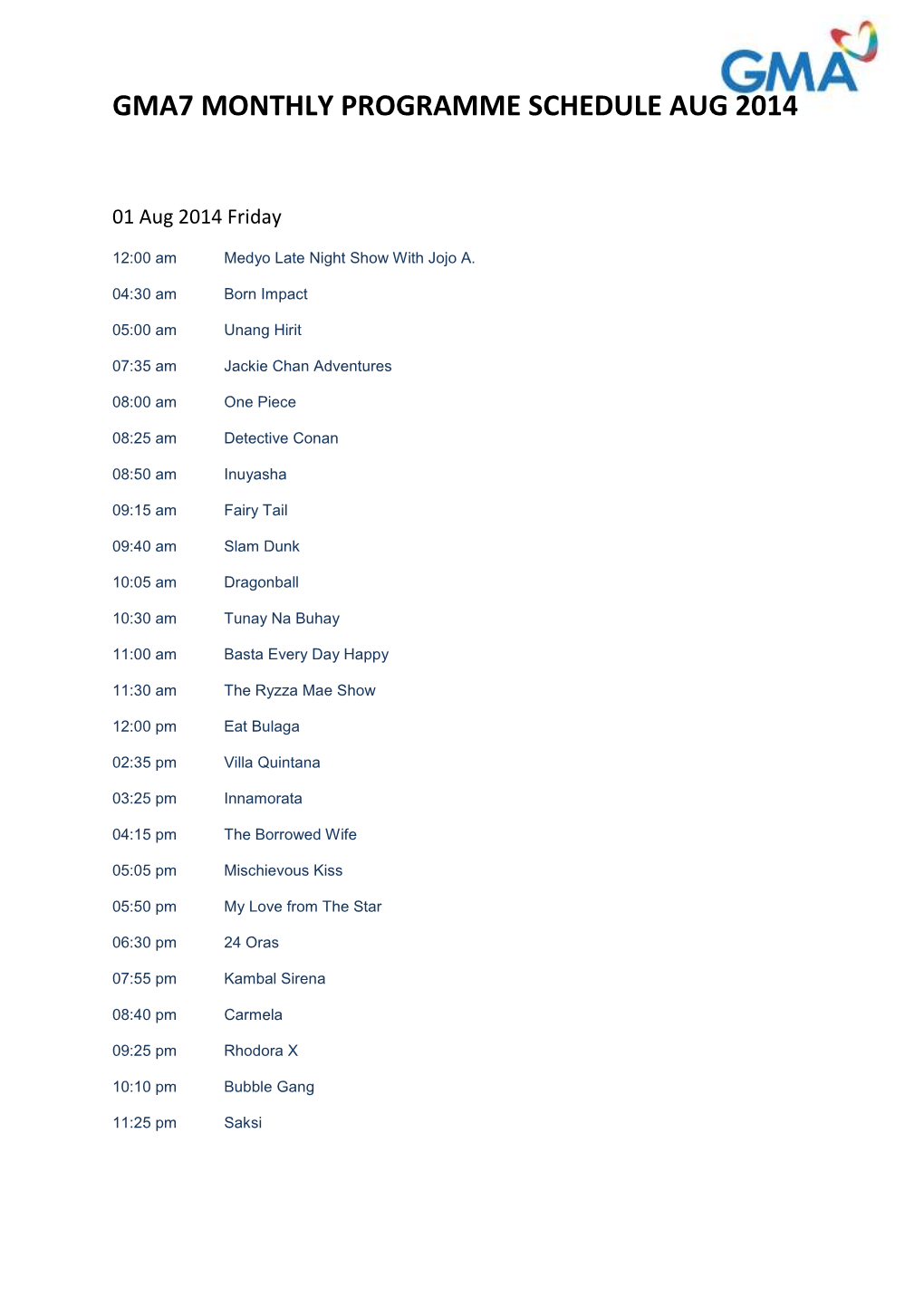 Gma7 Monthly Programme Schedule Aug 2014