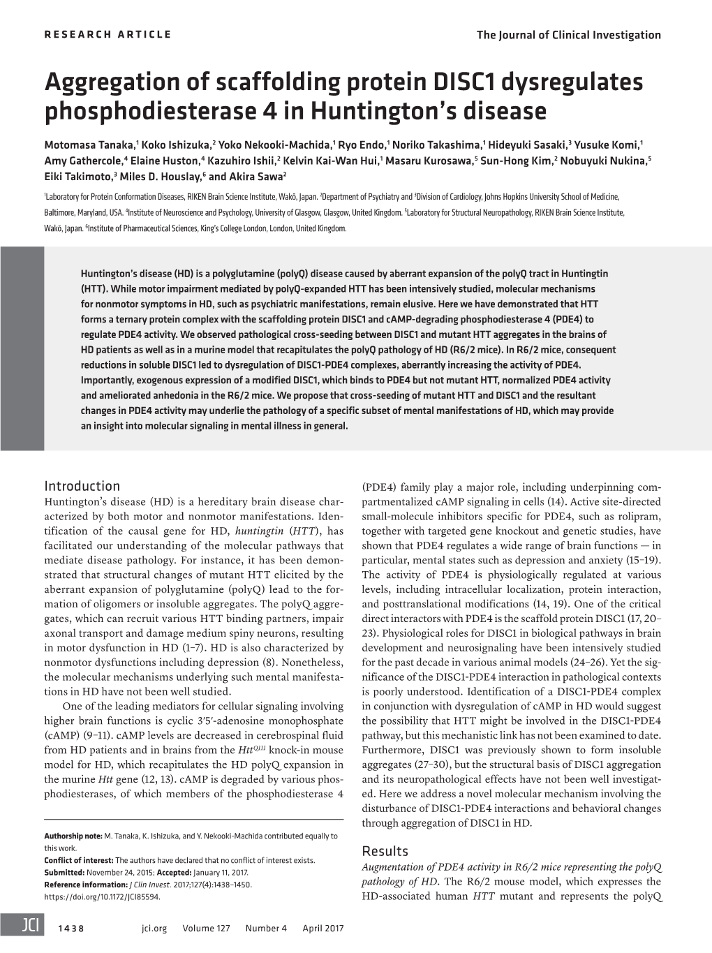 Aggregation of Scaffolding Protein DISC1 Dysregulates Phosphodiesterase 4 in Huntington’S Disease