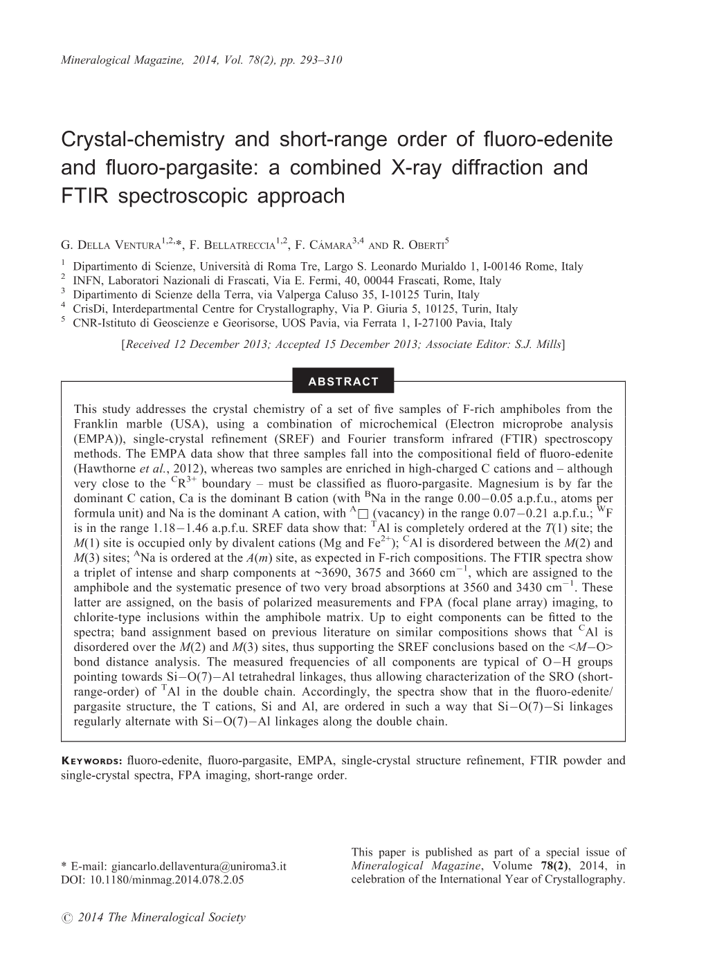 Crystal-Chemistry and Short-Range Order of Fluoro-Edenite and Fluoro-Pargasite: a Combined X-Ray Diffraction and FTIR Spectroscopic Approach